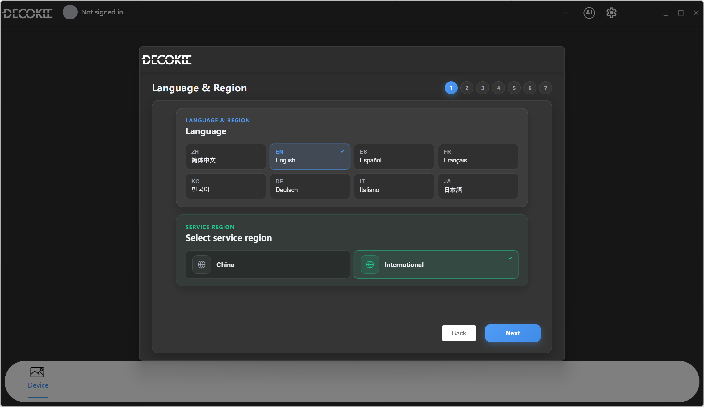 Language and region selection